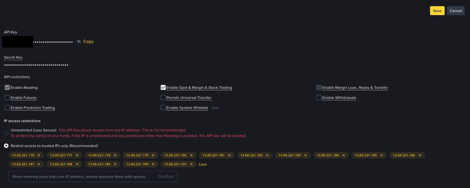 Example exchange API key: Reading and Spot Trading enabled, Withdrawals disabled, and access restricted to Nestovi's trusted IP addresses